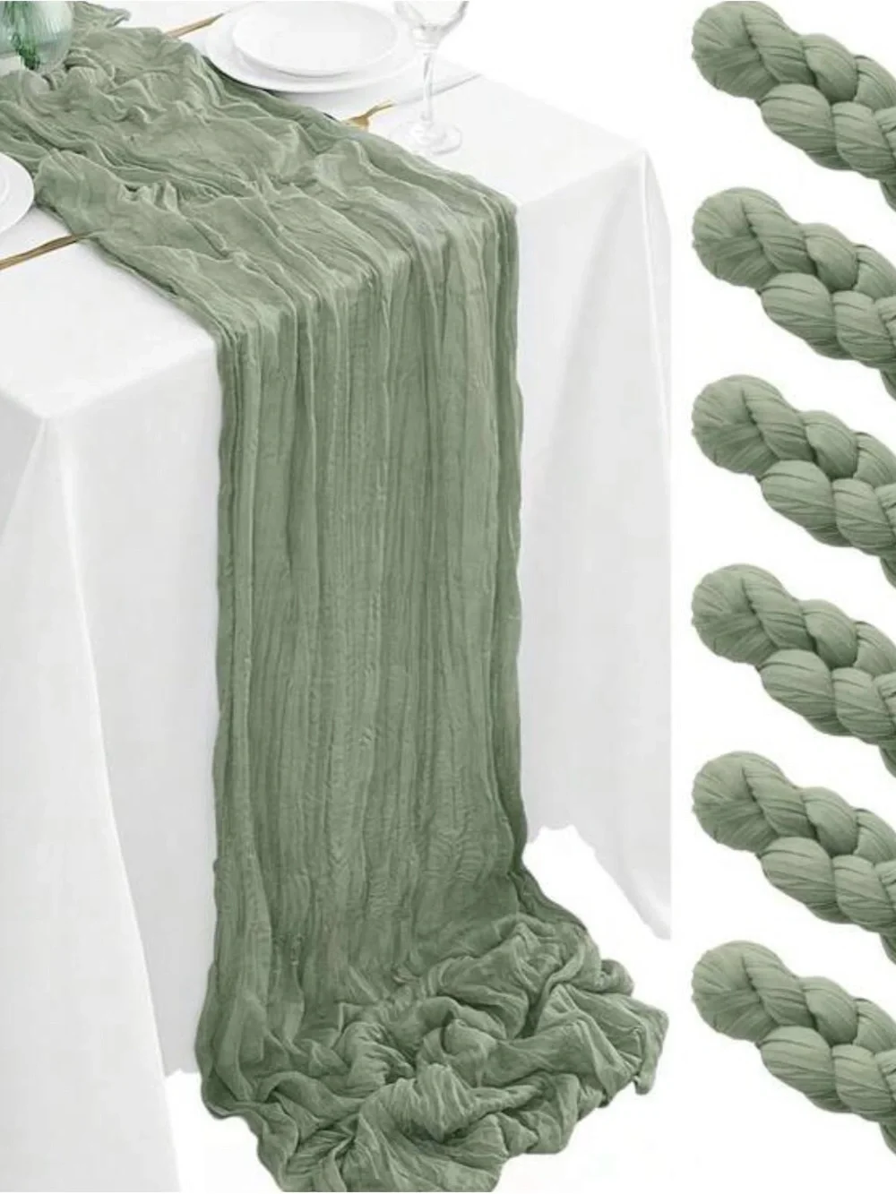 Lot of 12 cheesecloth table runners- dusty blue and sage green (9ft)